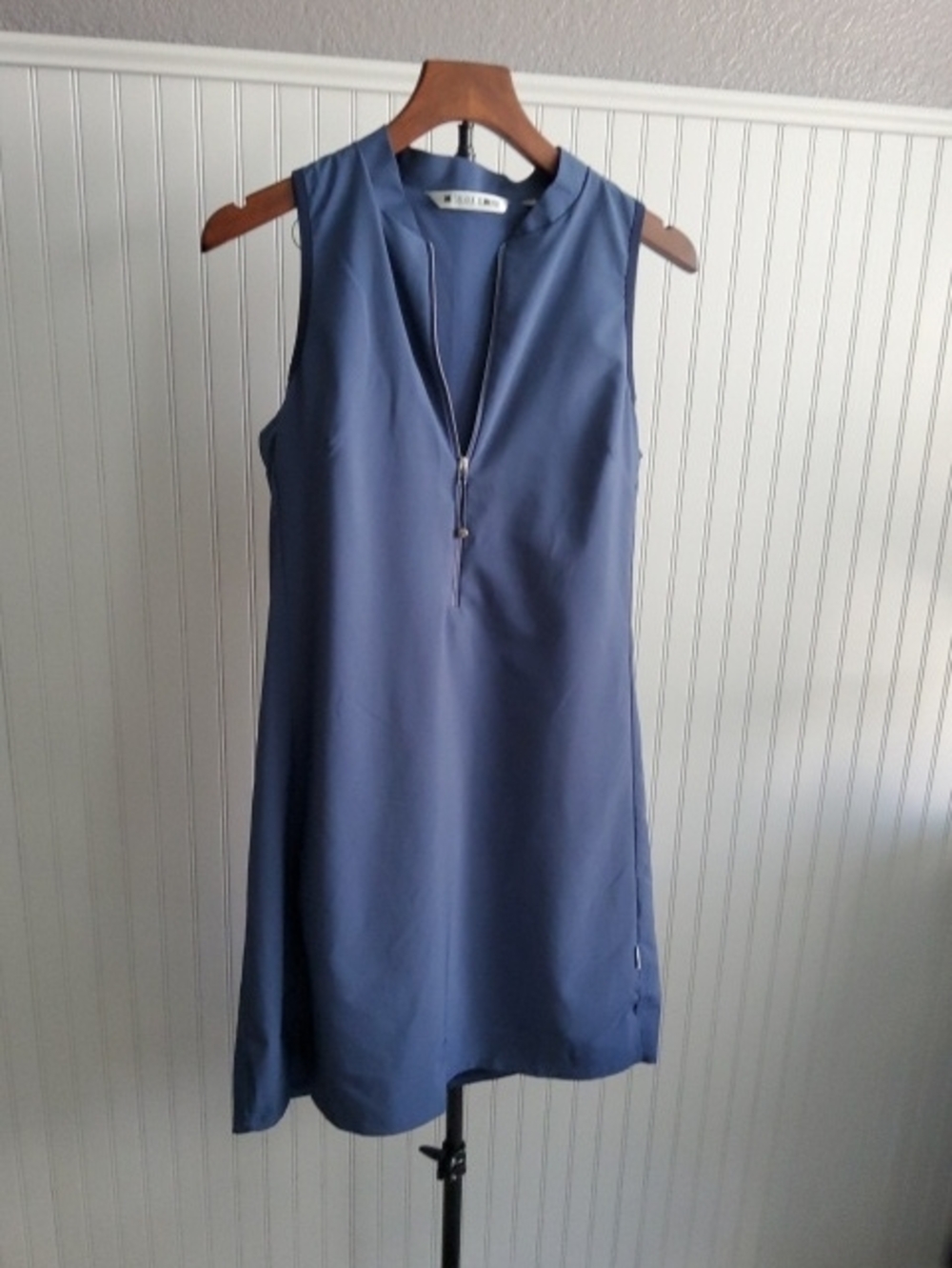 Sleeveless Slate Blue Zip-Neck Shift Dress